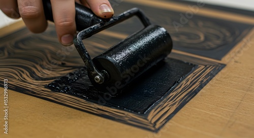 A close-up of ink being rolled onto a carved linoleum surface.