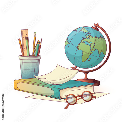 Composition of colorful vector illustration of globe, book with glasses, glass with pens and pencils. Concept of back to school, study, geography and education.