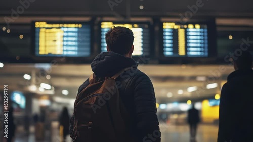 Traveler with Backpack Checks Arrival Times on Information Board at Terminal