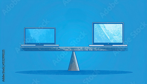 Concept of Balance: Two laptops on a balanced scale, symbolizing equality and comparison