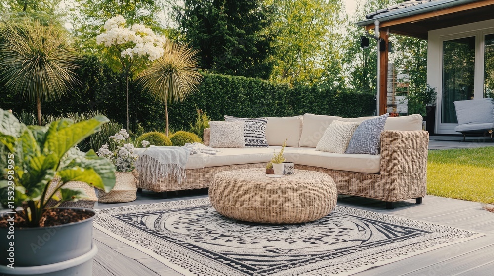 Fototapeta premium Cozy Outdoor Living Space with Lounge Sofa and Greenery for Relaxation in Garden Setting