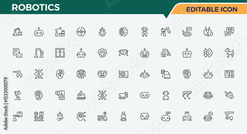 Robotics icon set. Contains related to technology, bot, tech, science, ai, machine, intelligence and more. Modern vector UI icons. Signs for web and mobile app. Minimal thin line web icons set.