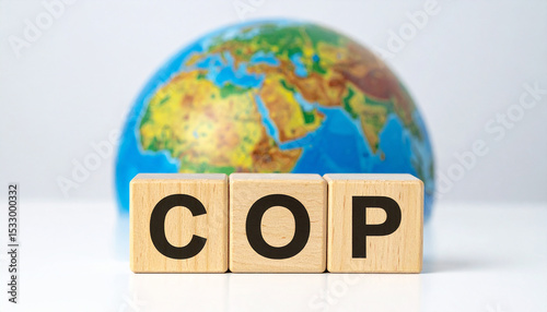 Wooden cubes with abbreviation COP, planet Earth globe. Conference of the Parties. Climate Change photo