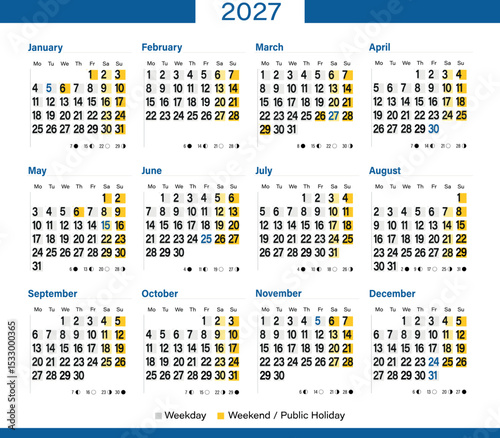 Minimal 2027 wall-calendar in English highlighting Swedish public holidays and weekends — clean printable template for yearly scheduling