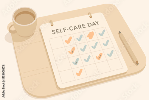 Self-care day checklist with colorful checkmarks clipboard and coffee cup concept of personal wellness