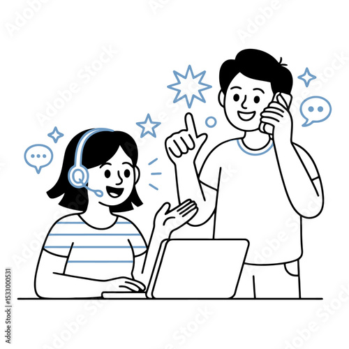 Customer Service Communication Line art. One character at laptop wearing a headset, the other on a phone surrounded by speech bubbles and stars