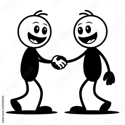 Two smiling stick characters shake hands, symbolizing agreement and connection