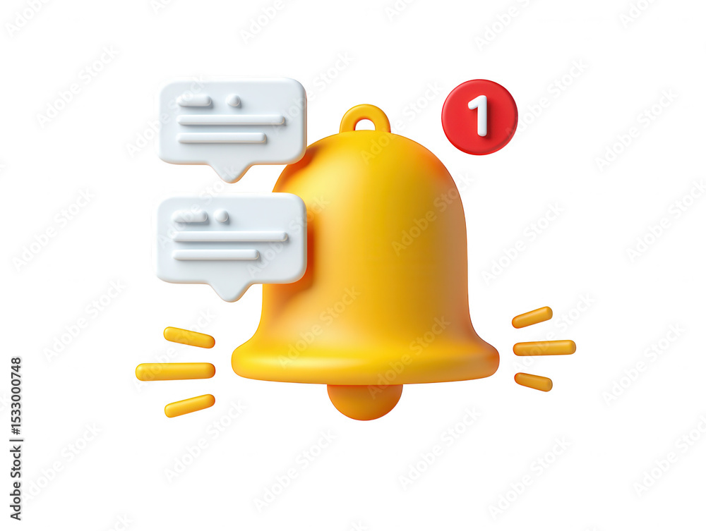 New Message Notification 3D Render of Yellow Bell with Speech Bubbles New Message Notification 3D Render of Yellow Bell with Speech Bubbles