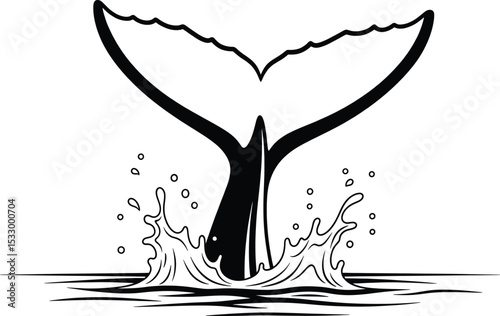 Whale Tail Splashing Ocean Water Black White Illustration