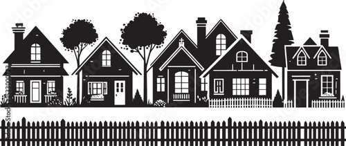 Black Silhouette Vector of a Cozy Suburban Neighborhood – Clean, Minimal Clipart Design