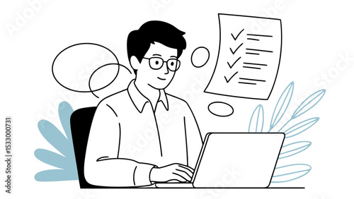 A person working at a desk on a laptop with checklist. Vector line art for a productive concept