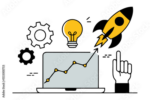 A laptop displays an upward graph, with a rocket launching symbolizing innovation, and in tech and business