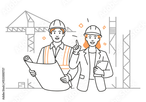 Two construction workers in safety vests and helmets. One holding a blueprint, the other pointing at tablet stand among cranes and site. Vector line art