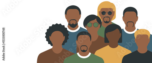 Diverse individuals with unique hairstyles and clothing stand closely together