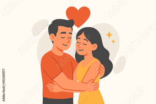 Flat vector illustration of a loving couple embracing under a heart, symbolizing deep emotional connection, romantic relationship, and tender love in a modern flat design style