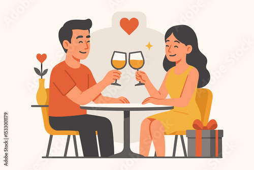 Flat design illustration of a romantic couple clinking wine glasses on a dinner date, surrounded by love symbols and warm tones for relationship and Valentine’s Day themes