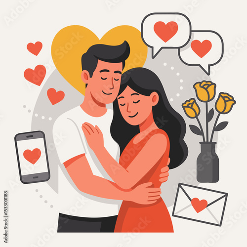 Flat vector illustration of a loving couple embracing under a heart, symbolizing deep emotional connection, romantic relationship, and tender love in a modern flat design style