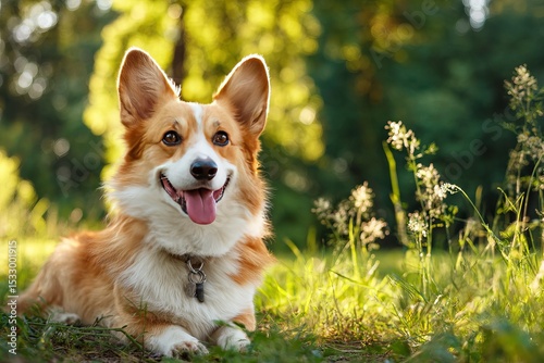 Happy corgi dog lying on grass in sunny park during summer  