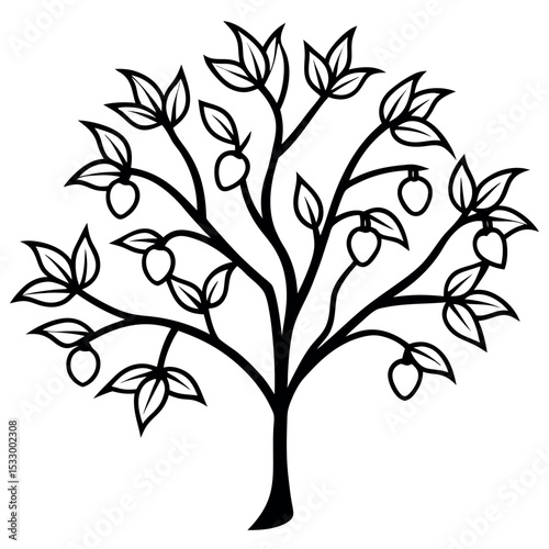 Black and White Peach Tree Illustration Fruit Laden Branches