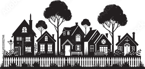 Black Silhouette Vector of a Cozy Suburban Neighborhood – Clean, Minimal Clipart Design