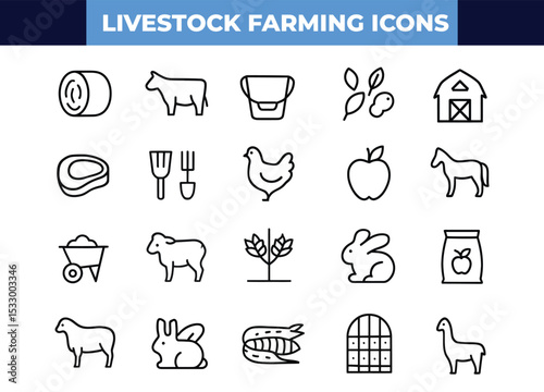 Livestock Farming Vector Icon Set | Editable Stroke | Cattle, Poultry, Sheep, Barn, Agriculture, Rural Life, Animal Husbandry Icons