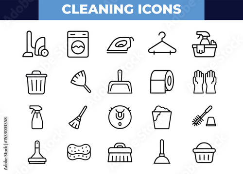 Cleaning & Housekeeping Vector Icon Set | Editable Stroke | Vacuum, Laundry, Mop, Iron, Gloves, Sponge, Cleaning Supplies
