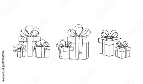 Three gift boxes with bows line art illustration