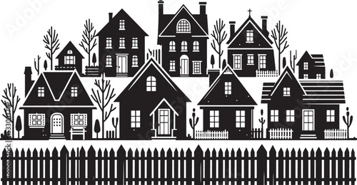 Black Silhouette Vector of a Cozy Suburban Neighborhood – Clean, Minimal Clipart Design