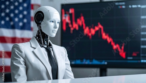 A robot in a suit, with a financial downturn chart in the background, potentially forecasting economic issues
