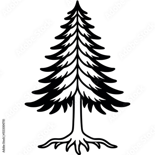 Black and White Spruce Tree Illustration with Roots