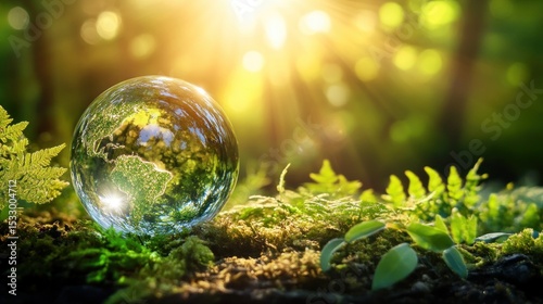 Crystal Globe Displaying World Map in Forest with Sunlight Beaming Through