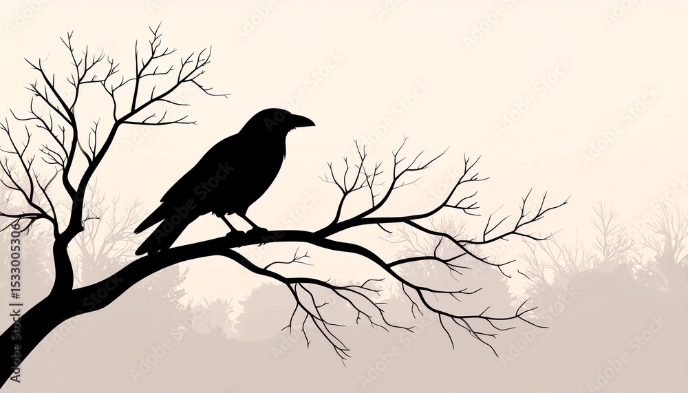 Fototapeta premium A silhouette of a raven perched on a tree branch against a soft background, creating a stark contrast