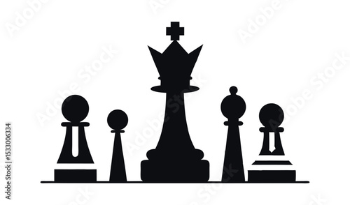 Silhouette chess pieces queen and pawns strategy game