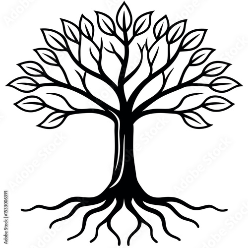 Black and White Tree of Life Sketch Detailed Roots Branches Leaves