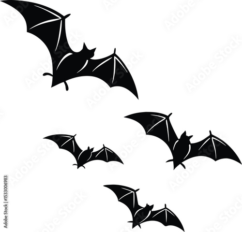  Dynamic Vector Illustration of Flying Bats - Black Silhouettes for Halloween and Wildlife Designs