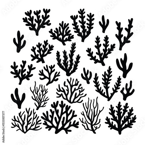 Vector Silhouette Sea Coral and Algae Clipart Collection - Underwater Plant Elements for Design