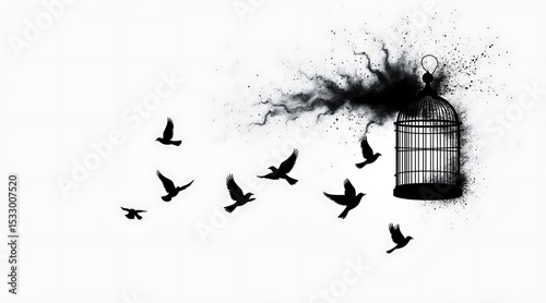 Birds flying free after escaping birdcage silhouette illustration