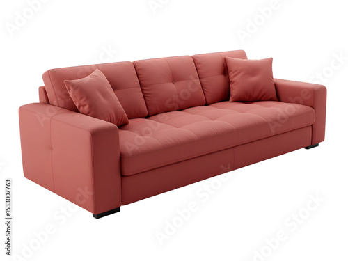 Elegant red leather couch with plush pillows, isolated on transparent background—perfect for modern interiors, furniture catalogs, or luxury living room designs.