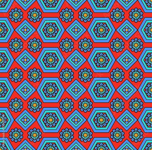 Asian Red Blue Gold Pattern Seamless Repeat
