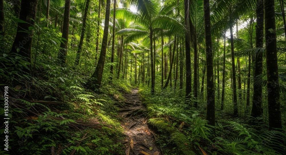 Obraz premium Lush Rainforest Trail - Serene path winding through a dense, vibrant rainforest. Sunlight filters through the canopy, illuminating the lush green foliage and earthy trail