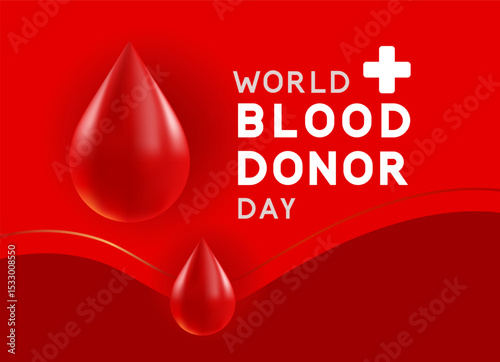 World Blood Donor Day banner for a hospital or blood donation campaign. Concept of health care, medicine, and saving lives. Red banner template with realistic blood drop vector illustration.
