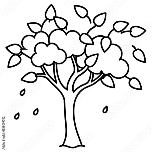 Black Outline Vector Peach Tree Falling Blossoms white