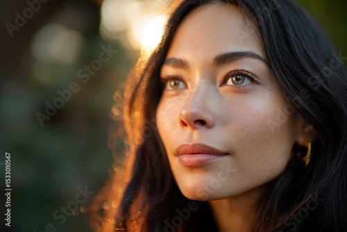 Young woman gazes upward wi...