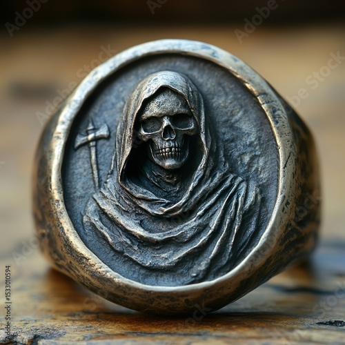 Concept art of a silver signet ring with a symbolic embodiment of Death cloaked figure or stylized skull with scythe integrated into the design.