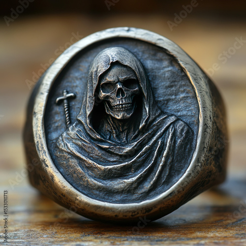 Conceptual illustration of a silver signet ring with a symbolic representation of the cloaked Death figure or a stylized skull with a sword integrated into the design.