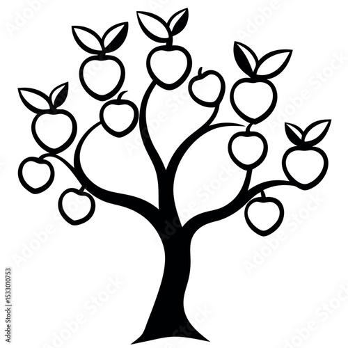 Black Silhouette Peach Tree Curving Branches Round Fruit