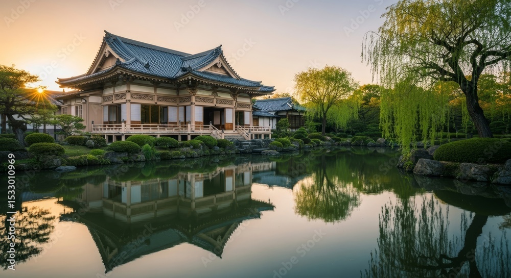 Obraz premium Tranquil Japanese Garden at Sunrise - Serene sunrise scene, reflecting a traditional Japanese building in a calm pond, surrounded by lush greenery and weeping willows.