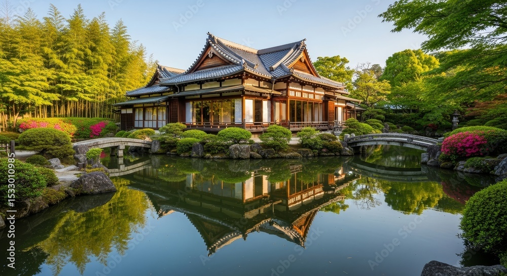 Naklejka premium Tranquil Japanese Garden House - Serene reflection of a traditional Japanese house in a meticulously landscaped garden, symbolizing peace, harmony, nature, culture, and beauty