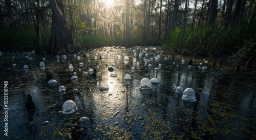 Swamp Gas Bubbles at Sunrise - Mystical swamp scene, methane bubbles rising, sunlit water, cypress trees, tranquil atmosphere.