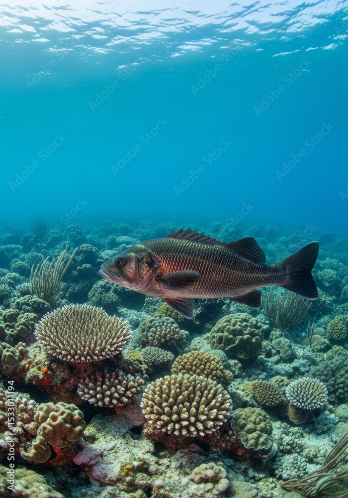 Obraz premium Underwater Fish and Coral Reef Scene - A large fish swims above a vibrant coral reef teeming with life, showcasing the beauty of the underwater world